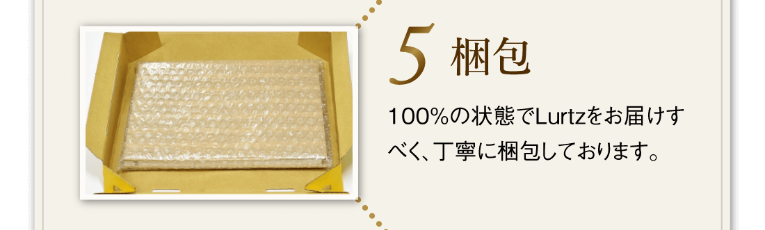 【5.梱包】100%の状態でLurtzをお届けすべく、丁寧に梱包しております。